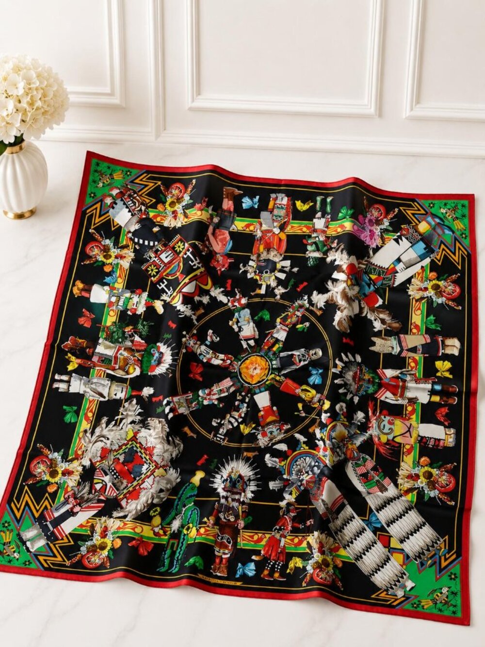 Authentic Hermès Kachinas Carré 90 Silk Scarf Black Multicolor